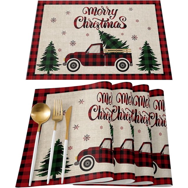 Juego de 6 manteles individuales resistentes al calor para mesa de comedor, manteles individuales de cuadros rojos, copos de nieve y alces navideños, para decoración de interiores y
