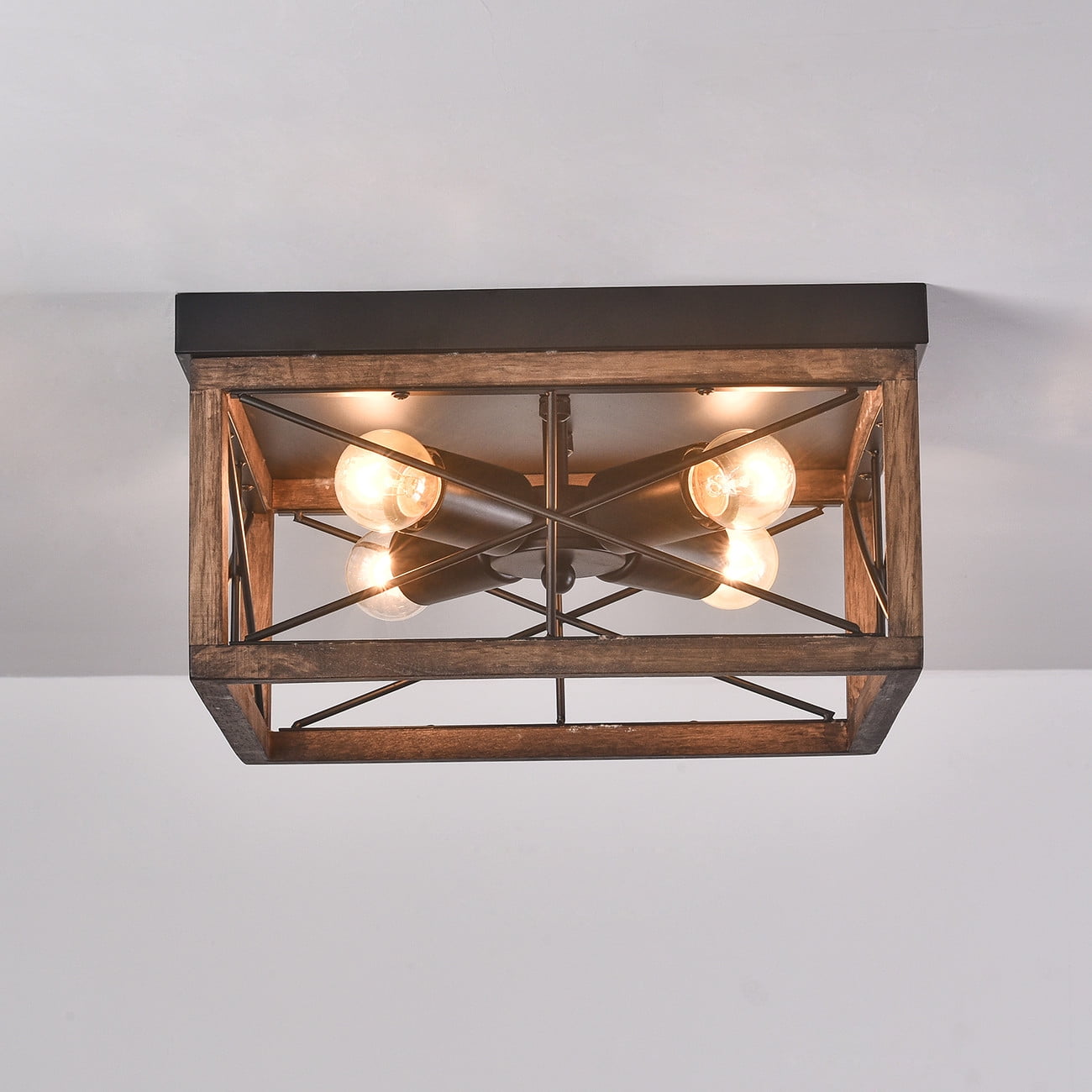 Aiwen Retro Square Caged Flush Mount Ceiling Lamp Vintage Light Fixture