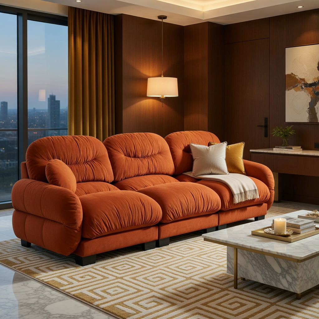Hommoo Chenille 3-Seater Modular Sofa with Pleated Back, Ergonomic High-Density Foam & Curved Armrests, Includes 2 Round Throw Pillows, Orange