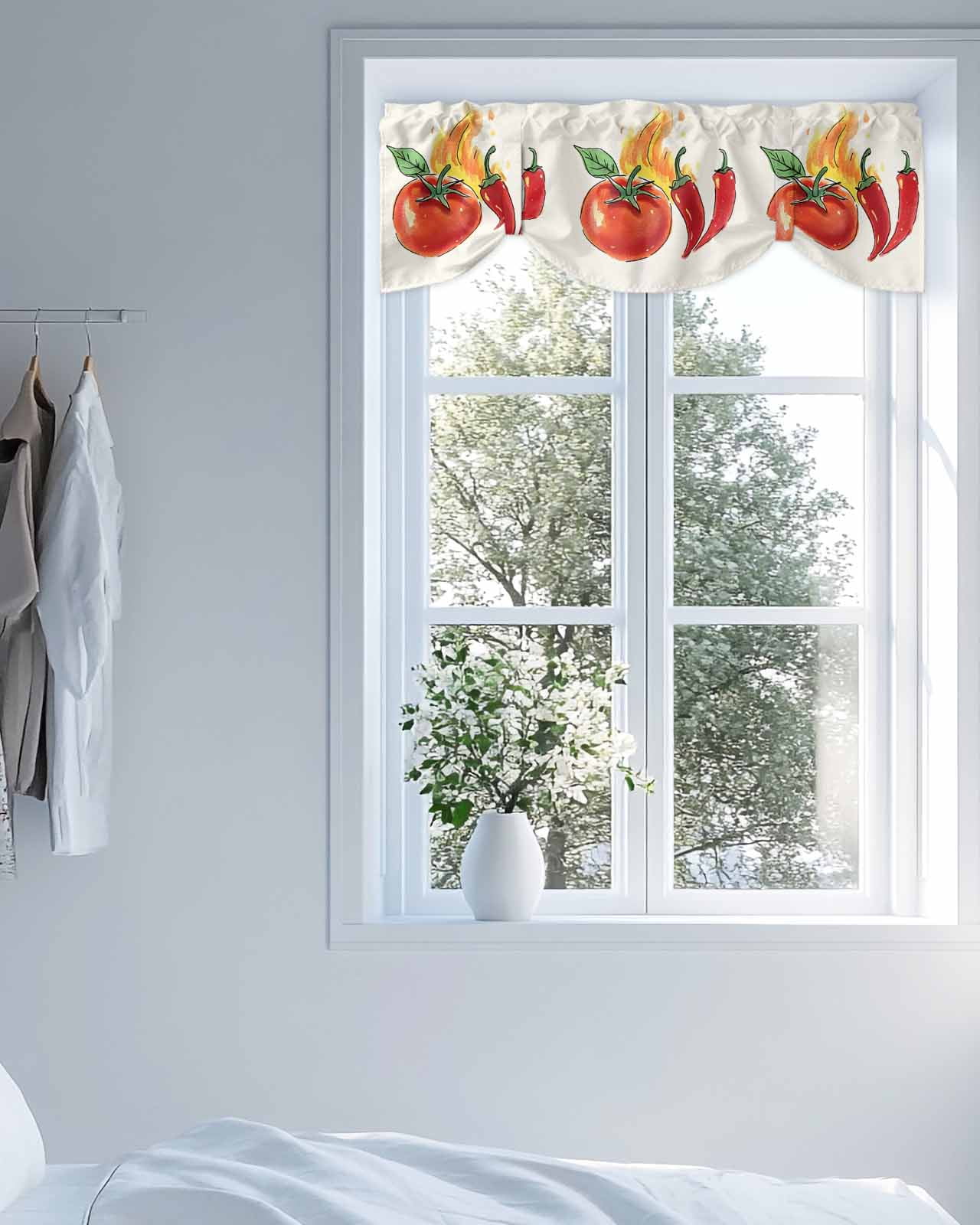 Tomato Chili Fire Tie Up Valances Curtain, Vegetable Kitchen Valances for Windows Decor, Rod Pocket Short Curtains Set for Bedroom/Bathroom, 54"x18"