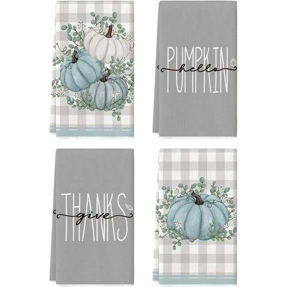 SM-XLHN Orange Eucalyptus Leaves Hello Pumpkin Fall Kitchen Towels Dish Towels, 18x26 Inch Farmhouse Give Thanks Decoration Hand Towels Set of 4