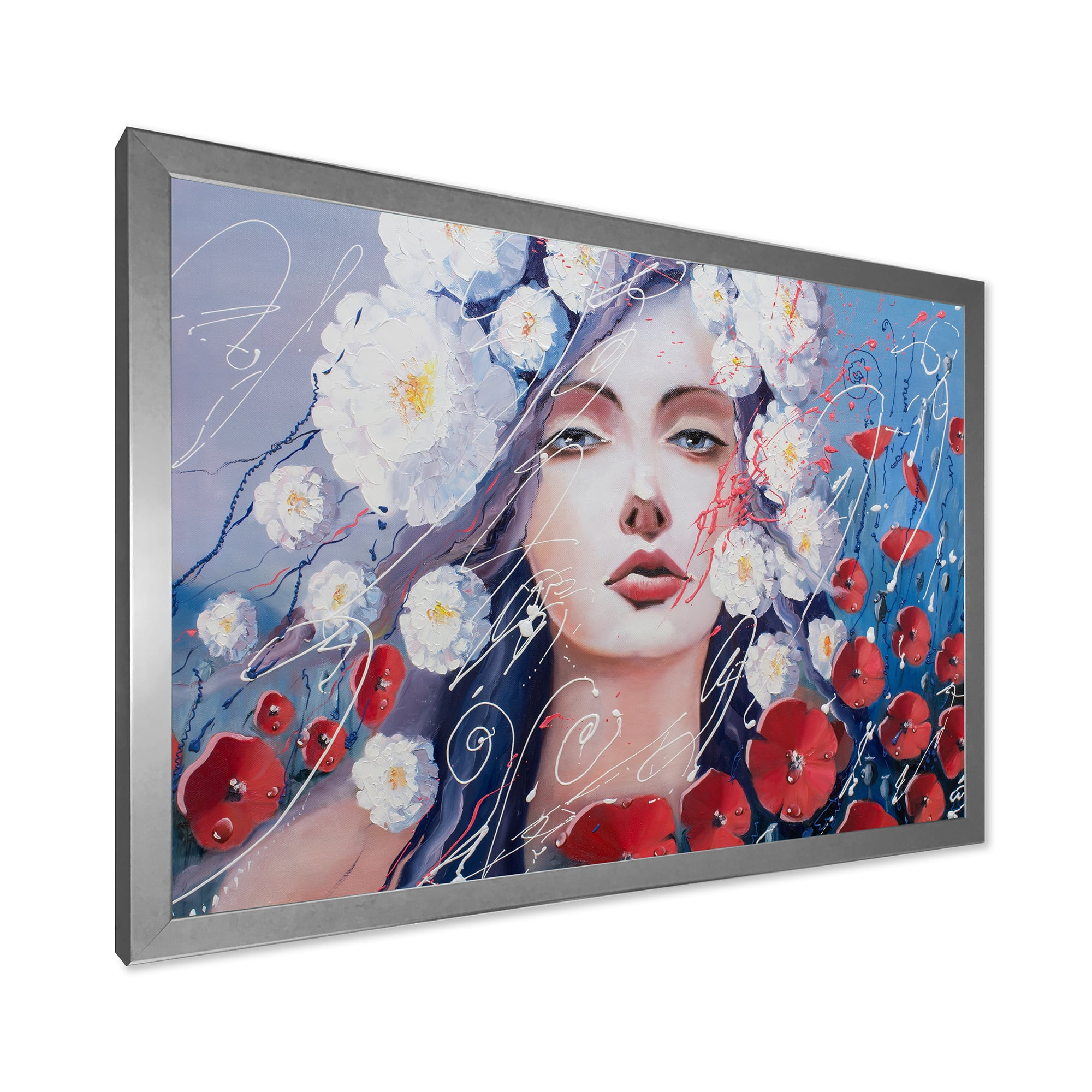 Designart 'Portrait Of A Young Lady With Red & White Flowers' Traditional Framed Art Print