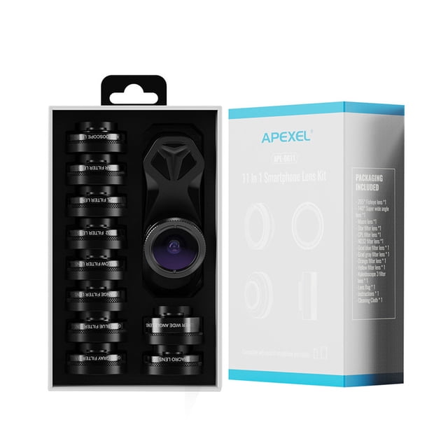 Apexel 11 en 1 Kits de lentes de cámara para teléfono Juego de lentes de teléfono celular con lente de teléfono telefoto ajustable de gran angular Kearding EL4722-00B