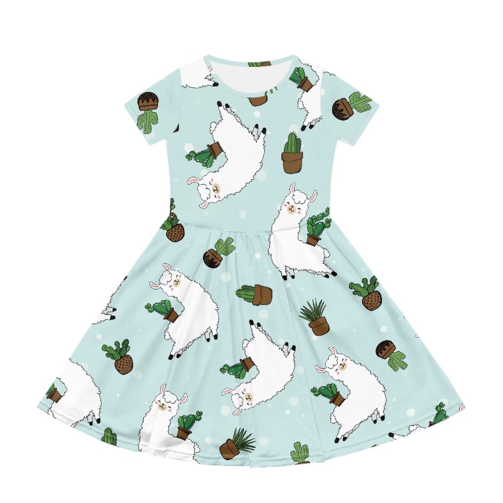 Uourmeti Alpaca Short Sleeve Swing Dress Girls Cute Crew Neck Midi Dresses Cactu Casual Beach Dress with Pockets Fashion Wedding Party Dresses