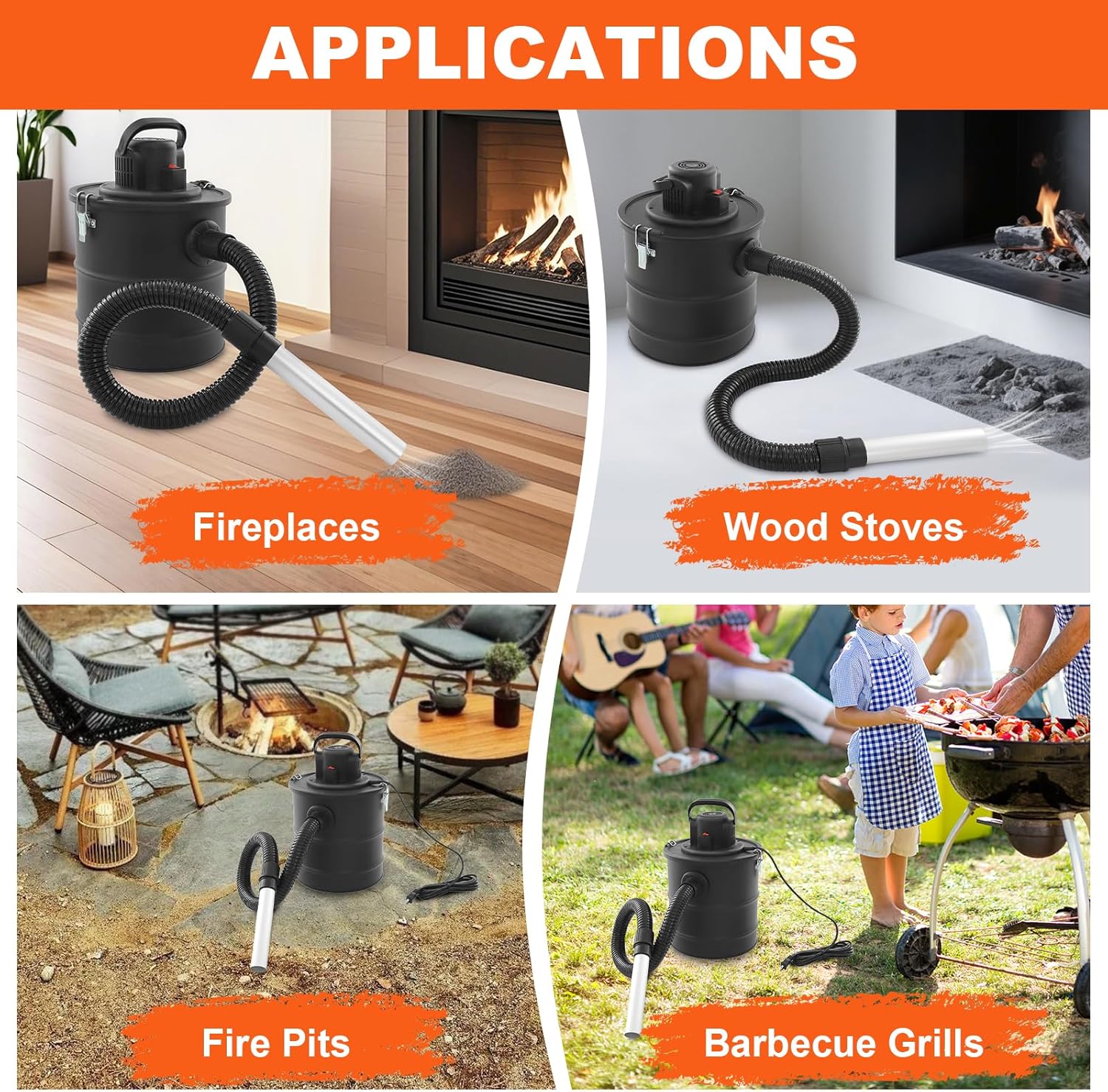 Vacuum for Pellet Stoves & Fireplaces - 1200W Powerful Ash Vacuum Cleaner with Washable Filter, 18KPa Suction for Wood Stove, BBQ & Cold Ashes