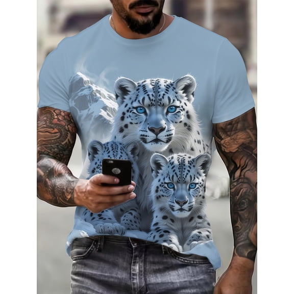 3D summer new snow leopard pattern short-sleeved digital printing design T-shirt elements trendy men's casual fashion top