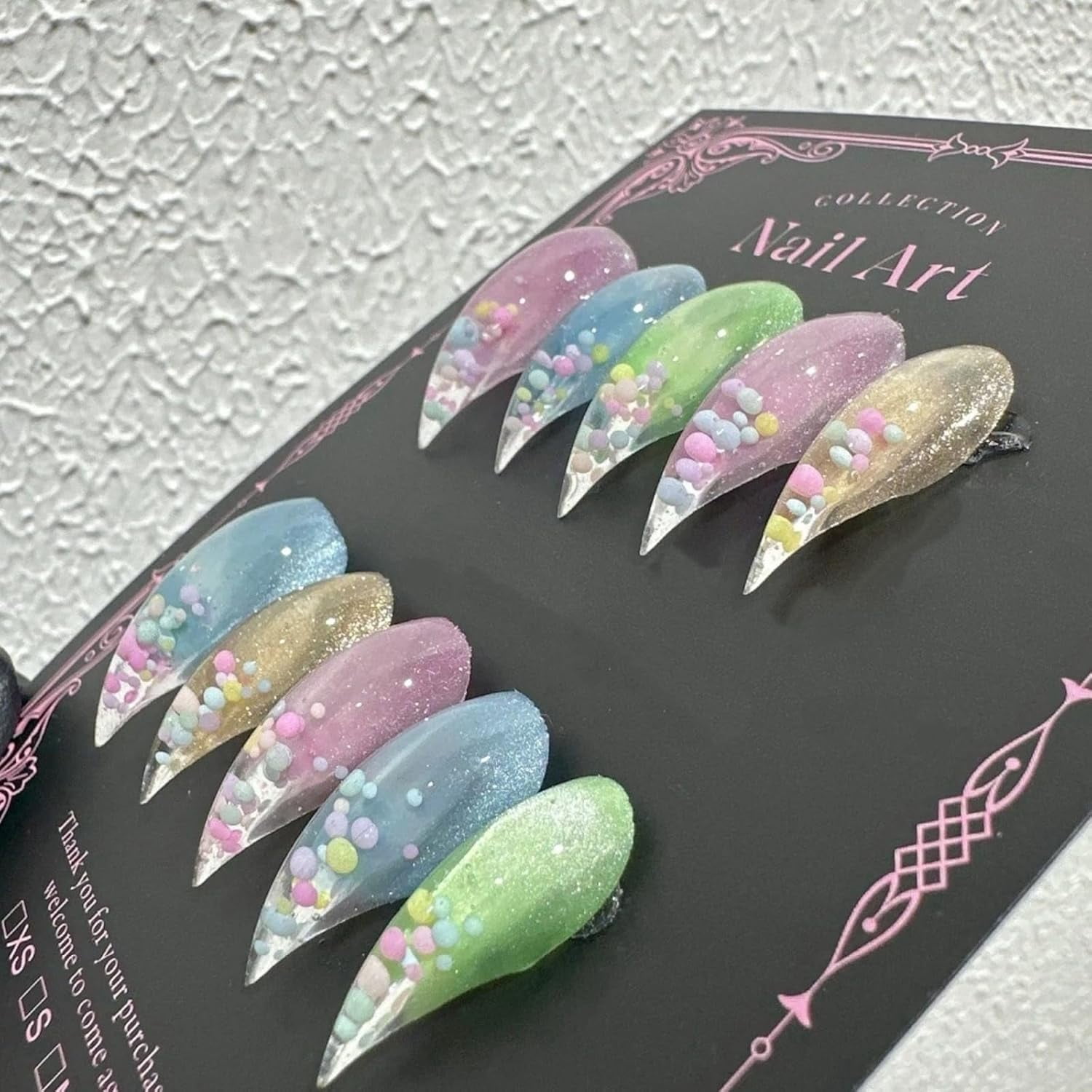 Cute Cat Claw Press on Nails Short Stiletto Colorful Cat Eye Pattern with Round Balls Handmade Reusable Thick Acrylic Cat Dragon Eagle Claw False Nail Glossy Glue on Nail