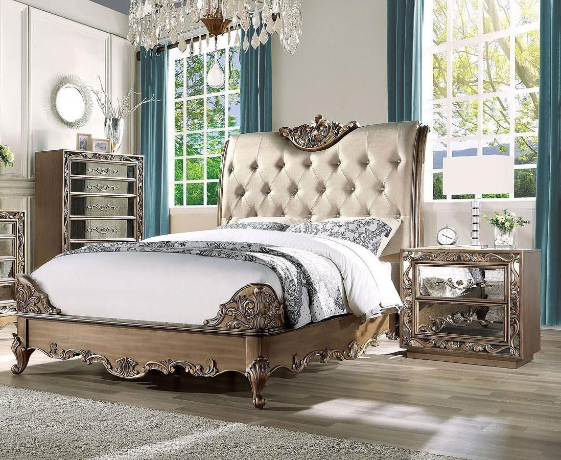 Champagne PU & Antique Gold Queen Bedroom Set 3Pcs Acme ...