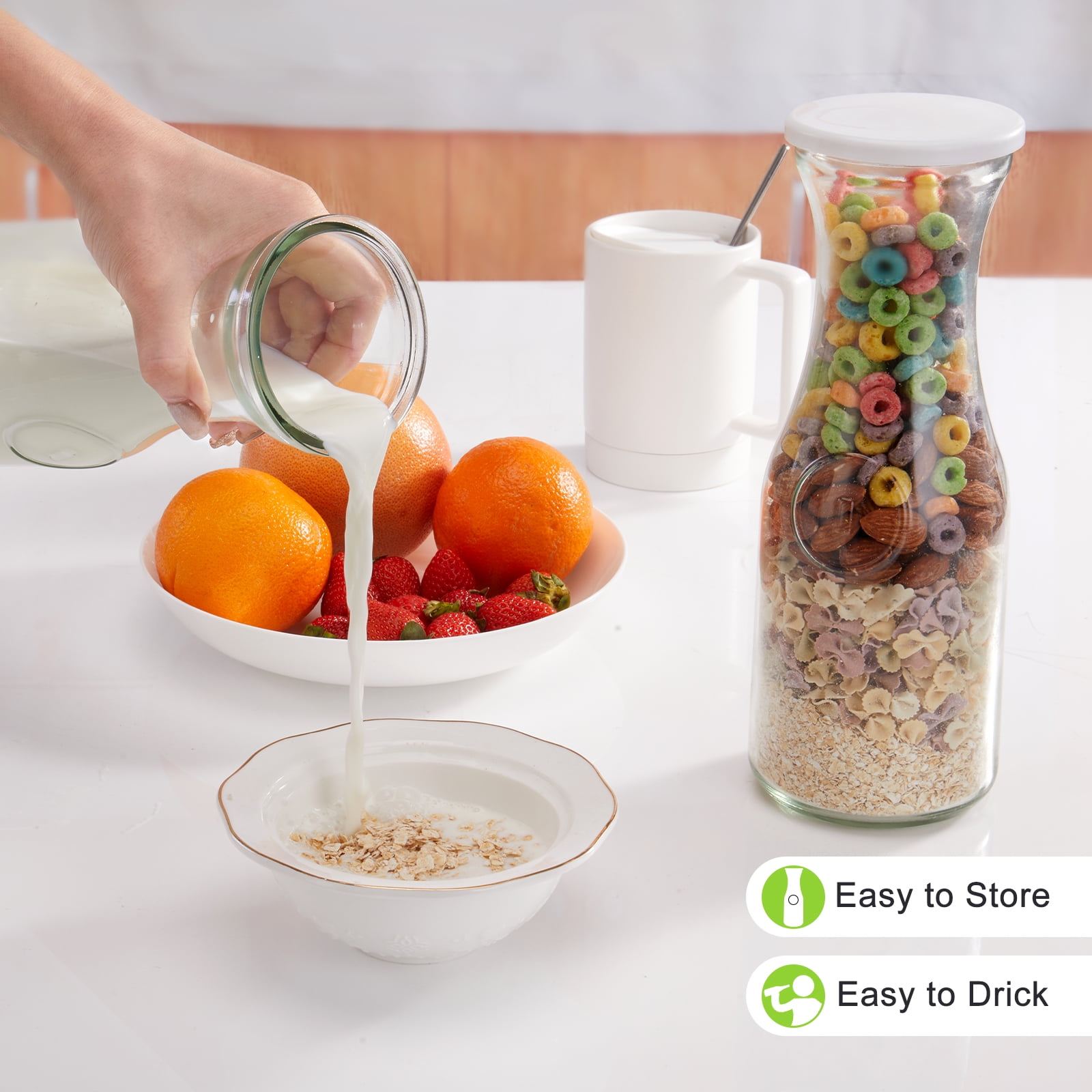 4 Pack Glass Carafe with Lid,35 oz Clear Glass Pitcher,Dishwasher Safe Beverage Drink Dispensers for Brunch, Party