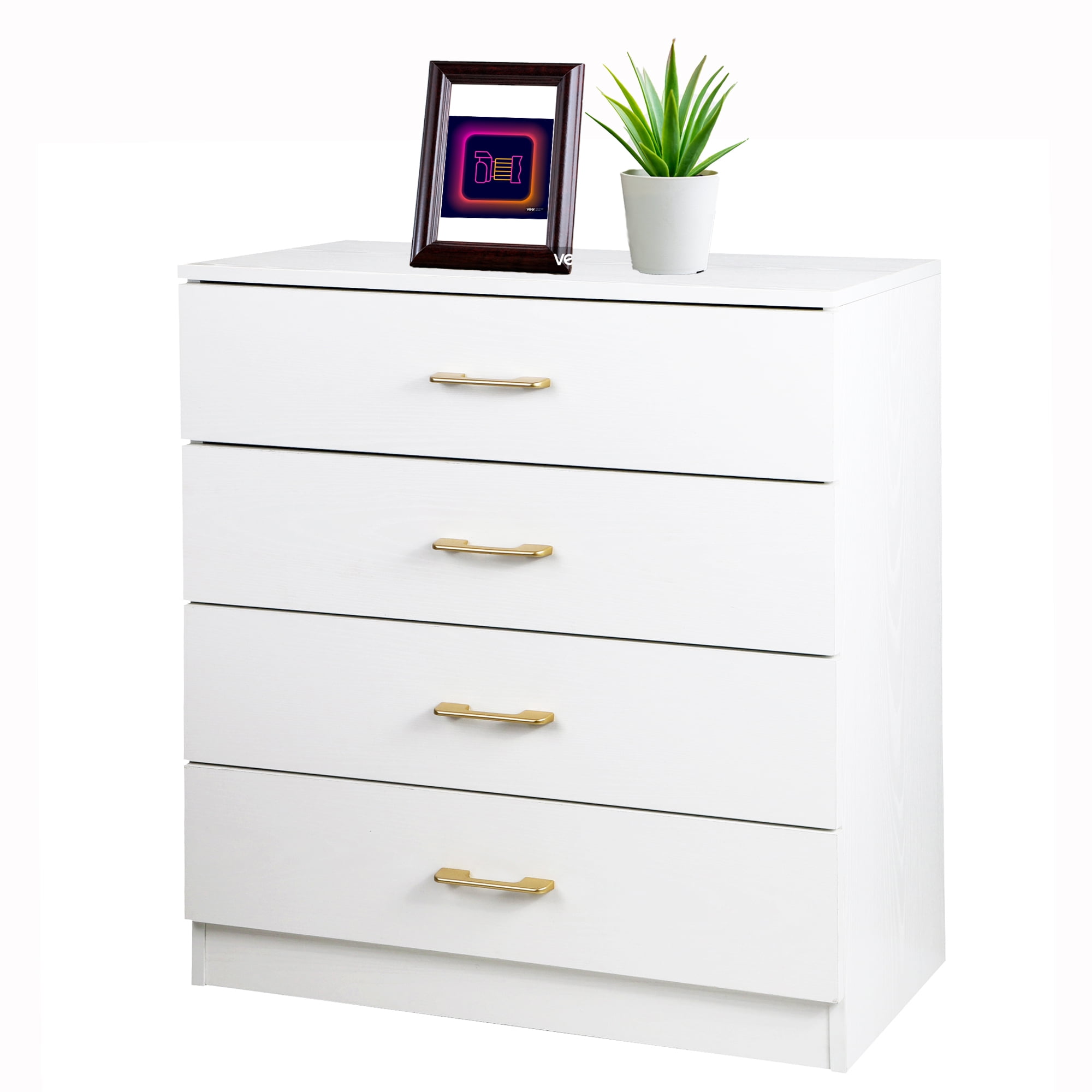 White Dressers for Bedroom, Heavy Duty Wooden 4 Sliding Drawer Chest