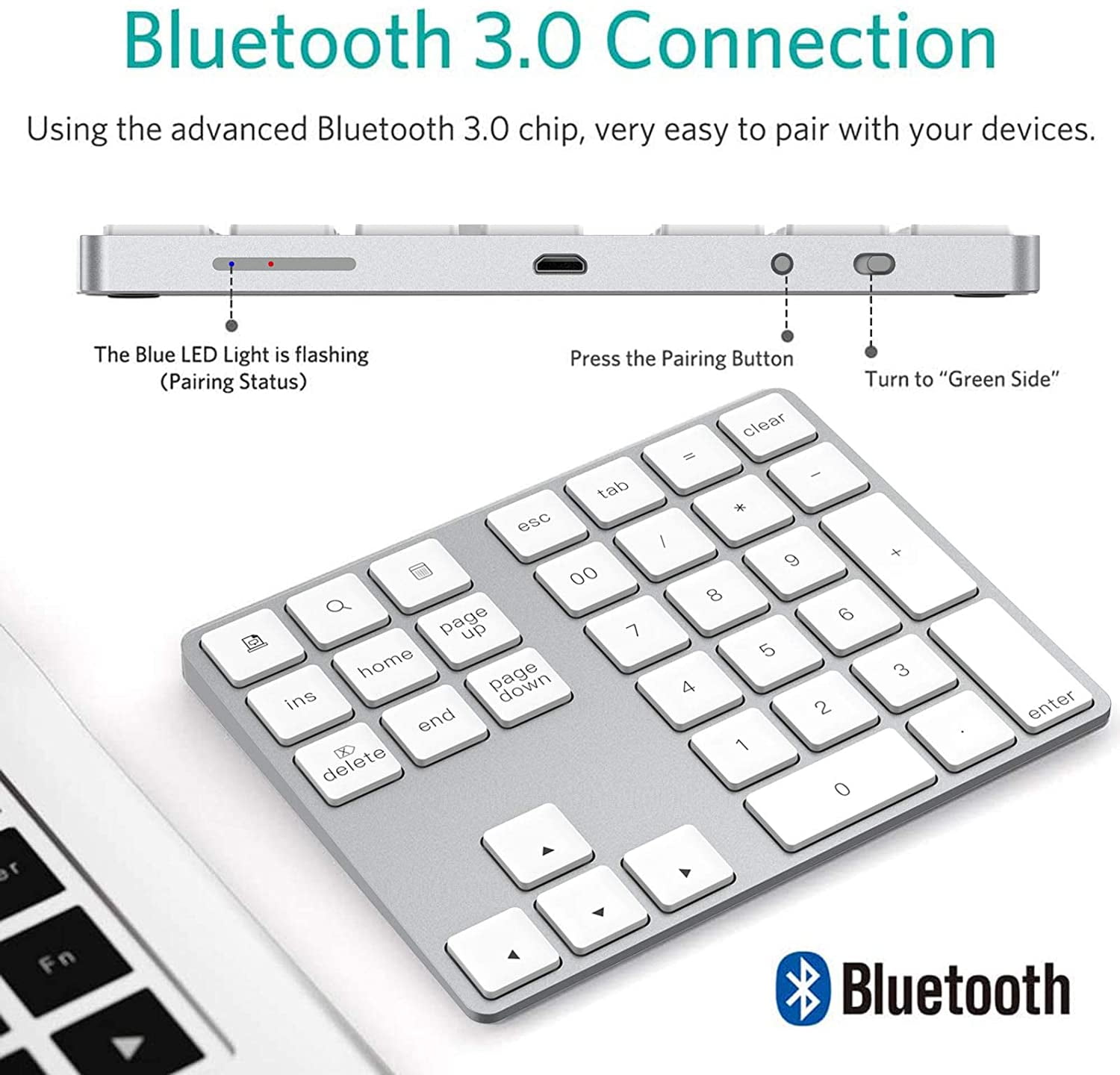 Bluetooth Numeric Keypad, Rechargeable Aluminum 34Key Number Pad Slim