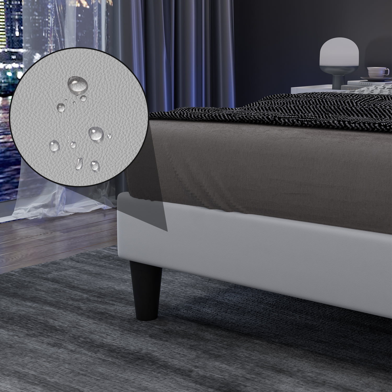 4 EVER WINNER Full Bed Frame with LED Light, Upholstered Platform Bed Frame with Headboard, White