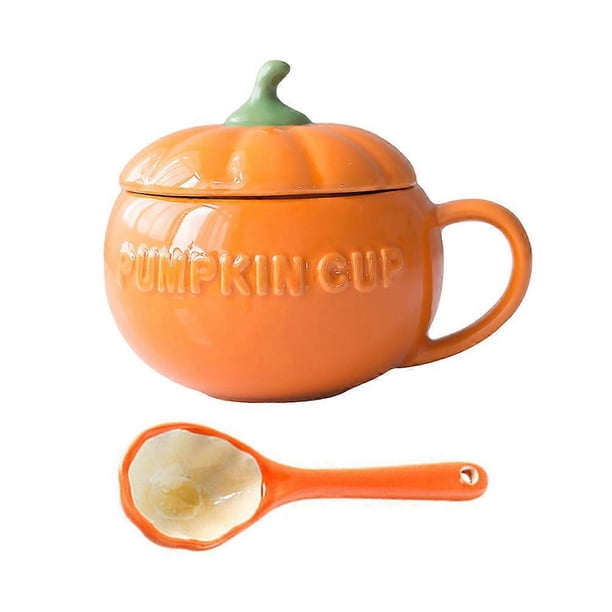 Pumpkin Coffee Cup With Spoon Ergonomic Handle Orange Drinking Halloween Celebration 1 Set