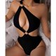 thumbnail image 3 of Traje de baño de triángulo con aros y detalle de aro de acero, perfecto para fiestas en la playa - Conjunto de bikini deportivo de un solo hombro en color negro talla XL, 3 of 6