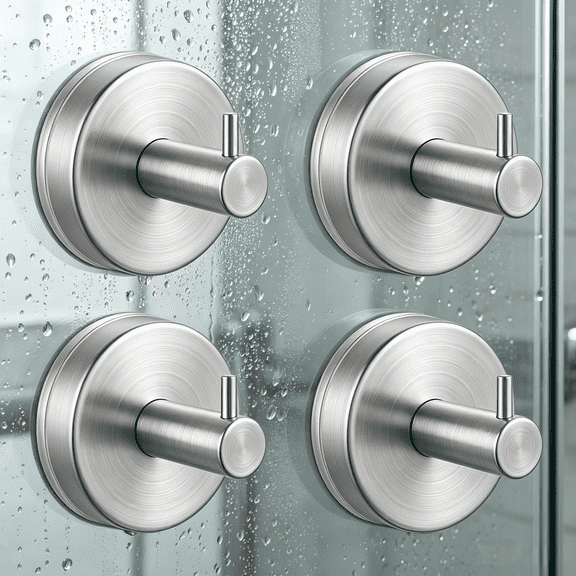 4 Pack Suction Cup Hooks for Shower, No Drill Stainless Steel Towel Hooks for Bathroom Glass Tile, Silver