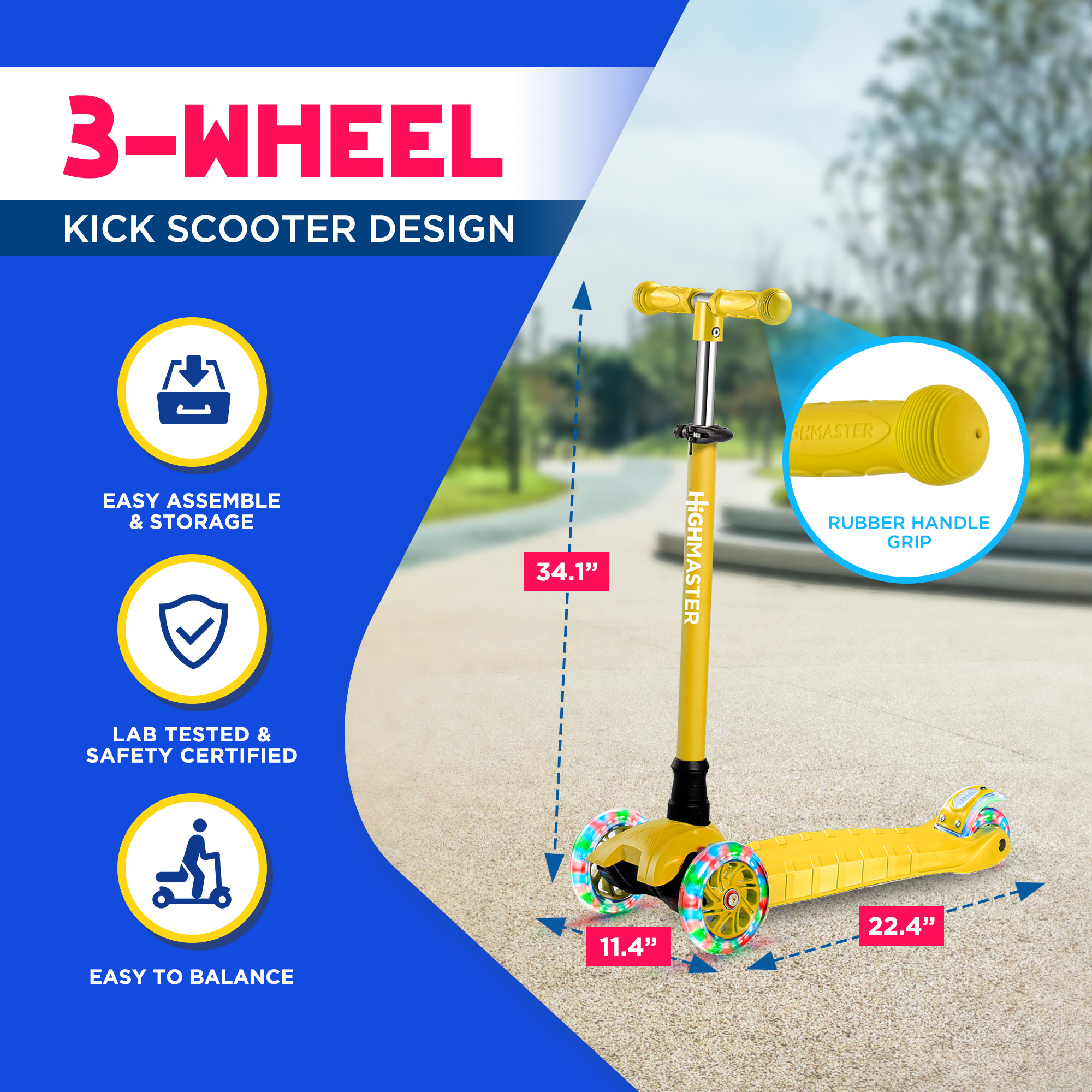 Highmaster 3-Wheel Toddler Scooter for 2 to 8 Year Old boy - 3 Wheeled Kids Scooter with Light Up Wheels, Safe and Fun Ride for Kids - Yellow