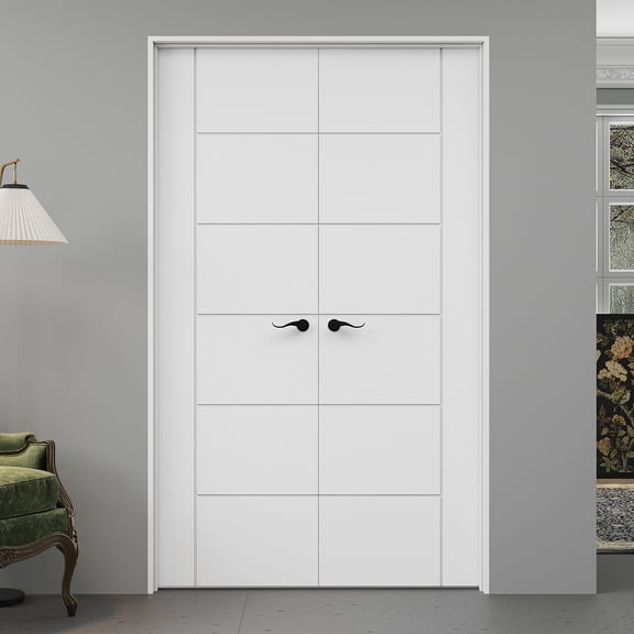 48" x 80" 6 Panel Modern Double Doors with French Door Ready-to-Assemble Jamb, Molded Solid Core Door, Black Levers & Hinges, Interior Door, Pre-finished & Paintable, White
