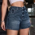 thumbnail image 5 of Jean Shorts for Women Trendy High Waisted Denim Shorts Carpenter Stretchy Summer Casual Mom Cut Off Jeans Shorts with Loose Straight Fit and Dark Blue Color Dark Blue L, 5 of 7