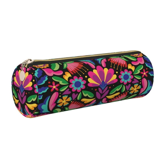 Disketp Colorful Floral Embroidery Mexican Estuche Organizador de Lápices de Cuero, Estuche de Oficina con Cremallera para Bolígrafo y Lápiz