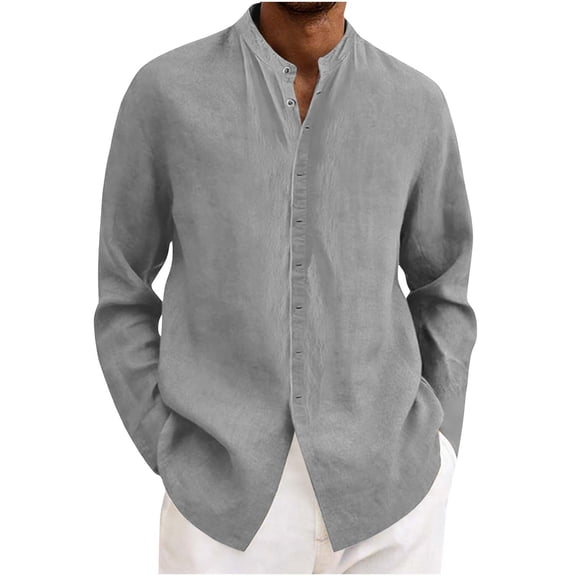 FAHXNVB Mens Cotton Linen Button Down T Shirts Band Collar Long Sleeve Breathable Tees Tops Lightweight Summer Shirts