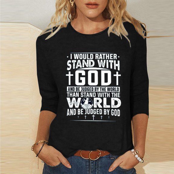 HOMBOM Black Easter Shirts For Women 3/4 Sleeve Graphic Tee Easter Cross of Jesus Round Neck Trendy Tops For Women Clearance XL