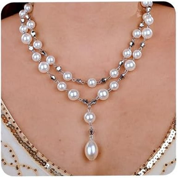Vintage Faux Pearl Choker Necklace with Earrings Silver Link Chain Drop Pendant Dainty Pearl Costume Jewelry for Women