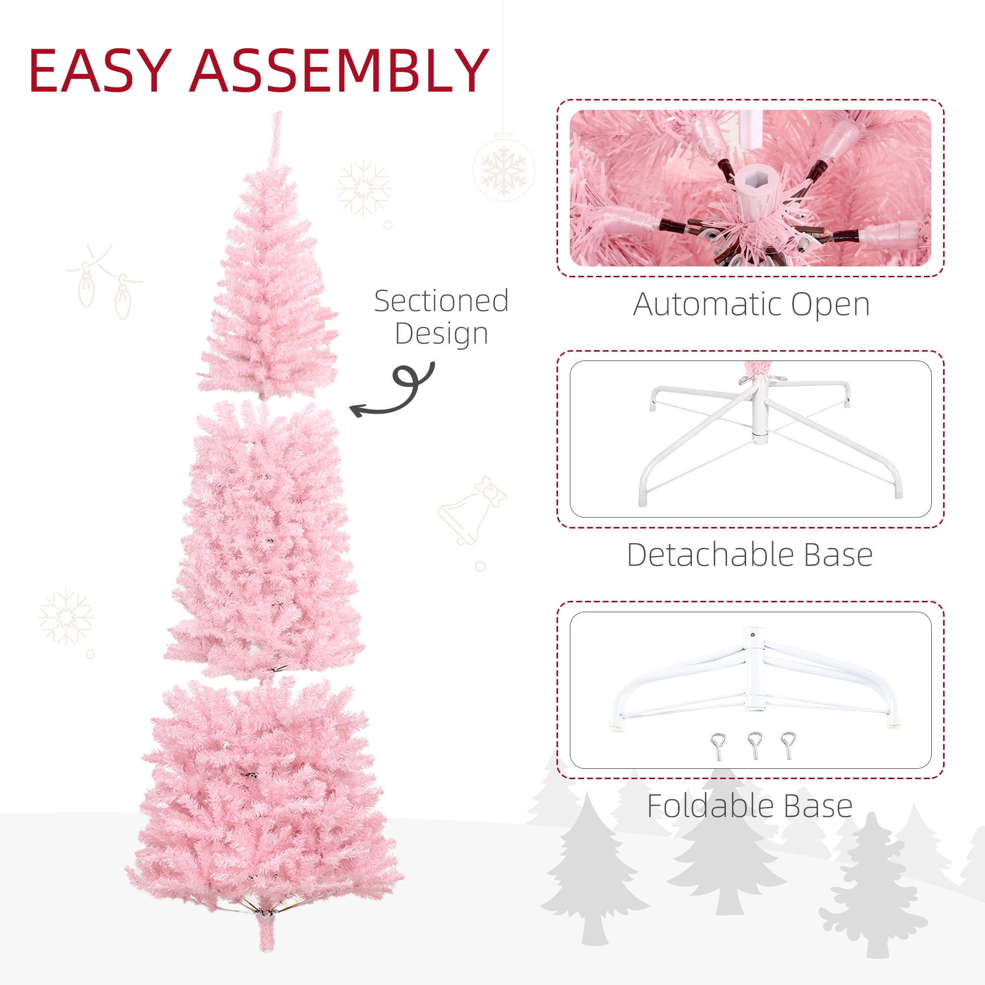 8' Tall Unlit Slim Douglas Fir Artificial Christmas Tree with 1168 Realistic Branch Tips, Pink