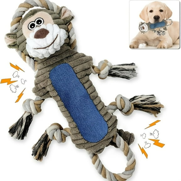 Interactive Squeaky Monkey dog ​​toy with moving eyes and expressive face - Plush chew toy with fluffy tail and pull cord - Durable material, no batteries required