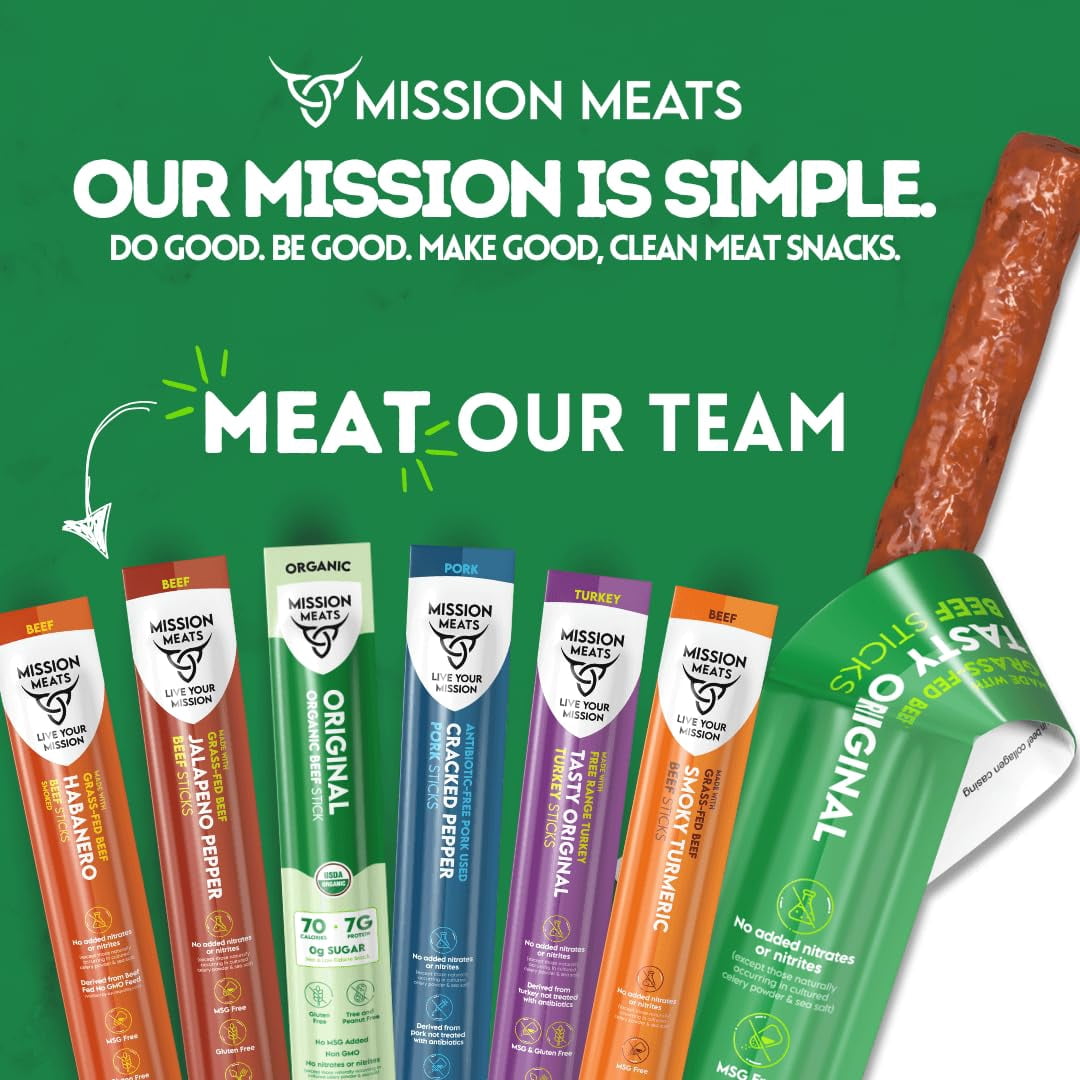 Mission Meats Beef Sticks – 100% Grass Fed & Pasture Raised, Sugar Free, Individually Wrapped Healthy Snacks, Whole 30 & Paleo Friendly, Habanero Smoked 1oz (12ct)