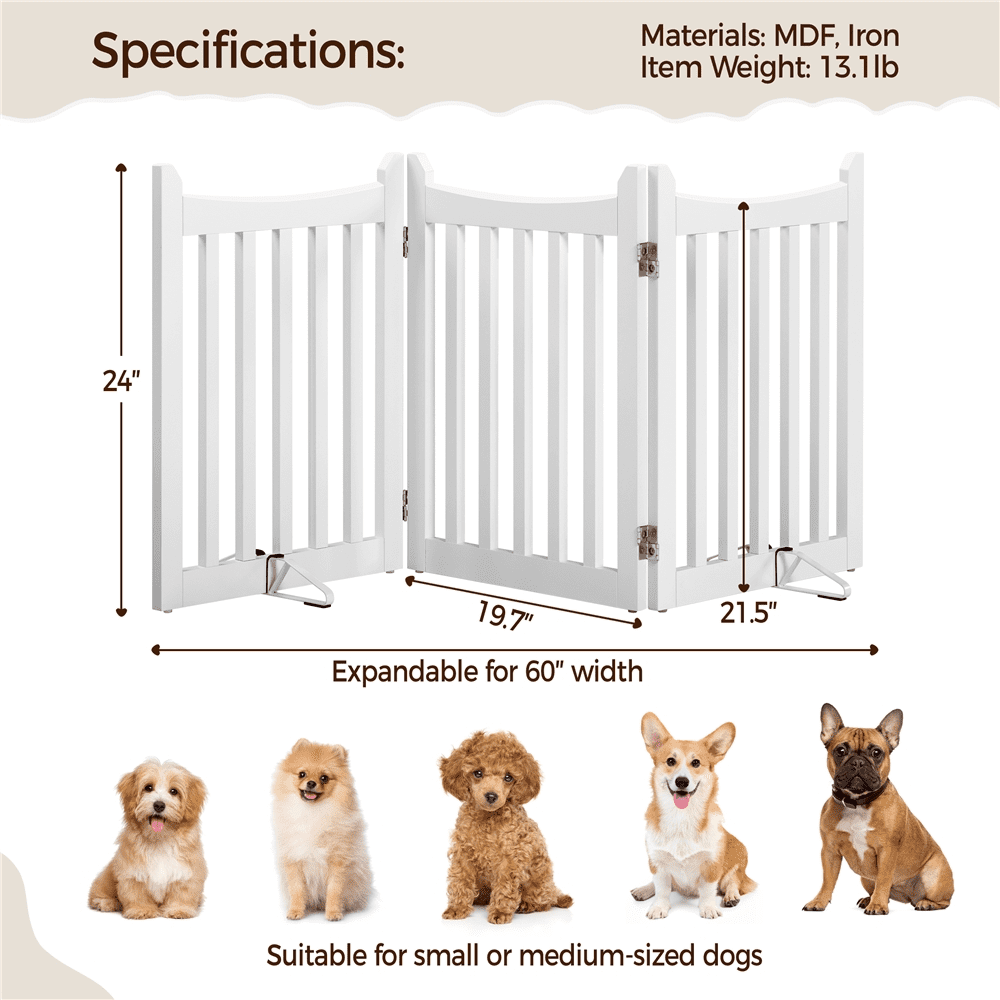 Alden Design 24″ Tall 3 Panels Freestanding Wooden Dog Gate for Small Pet Dogs, White