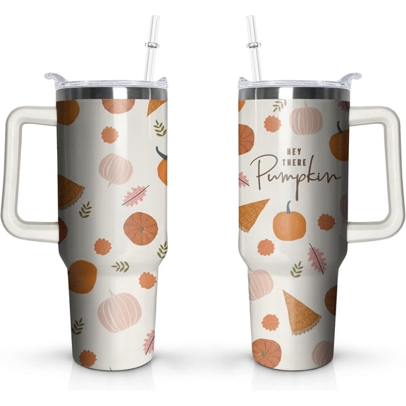 40oz Autumn Gift Fall Tumbler with Handle and straw, Pumpkin Maple Orange Leaves Stainless Steel Insulated Cup, Coffee Mug Water Bottle for Thanksgiving
