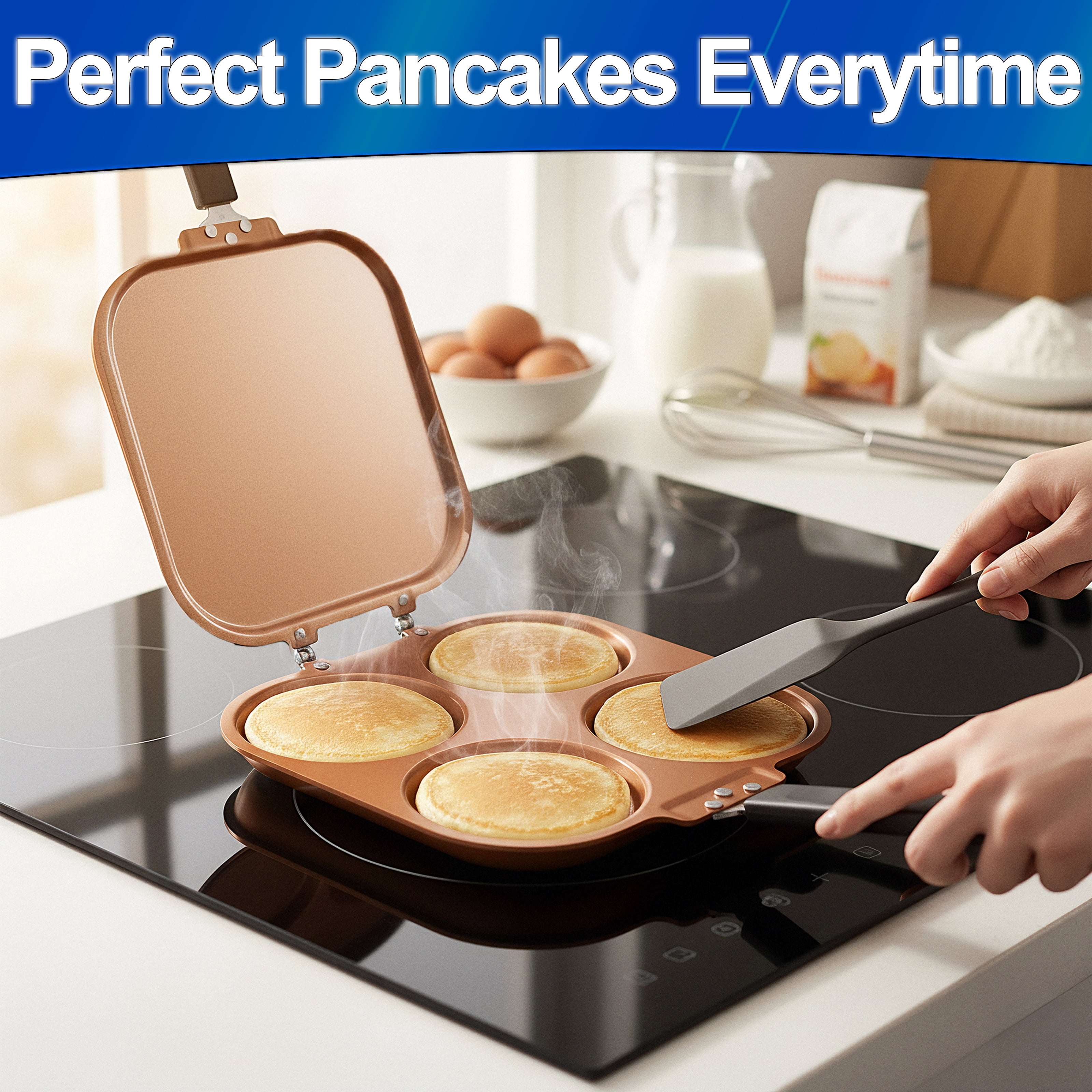 4 Mold Flip Pancake Pan - Dual-Sided Griddle, Copper Nonstick Aluminum Body and Reinforced Hinges, Compact Fold Flat Storage for RVs, Small Kitchens & Apartments