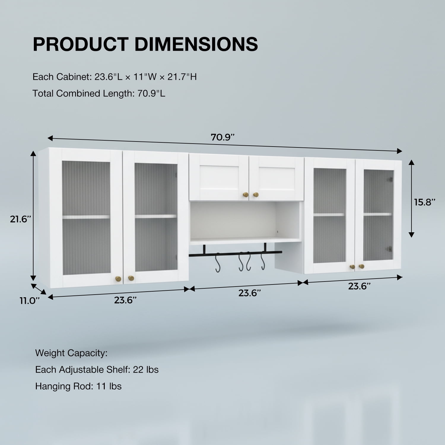Advwin Wall Mounted Laundry Room Cabinet with Fluted Glass Doors, Hanging Rod, Hooks & Adjustable Shelves, Floating Storage Cabinet for Kitchen, Bathroom or Pantry Organization
