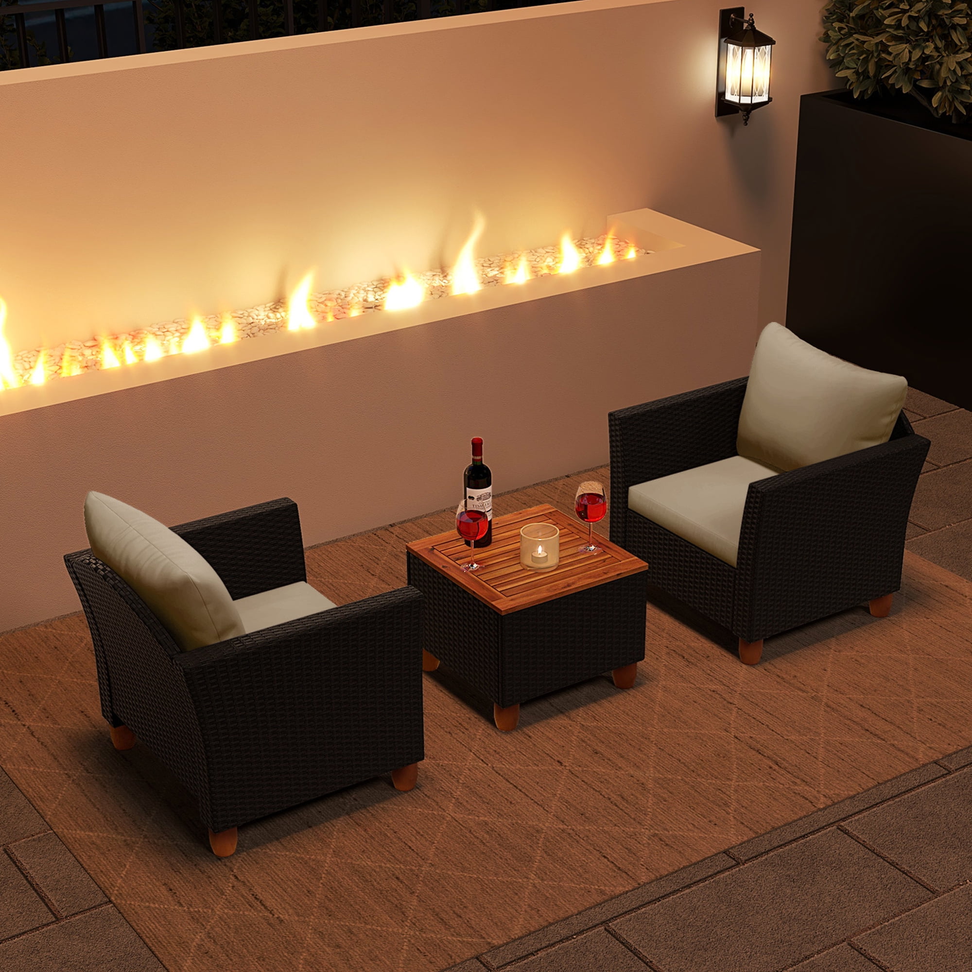 Costway 3PCS Outdoor Patio Rattan Furniture Set Wooden Table Top Cushioned Sofa White Cushion