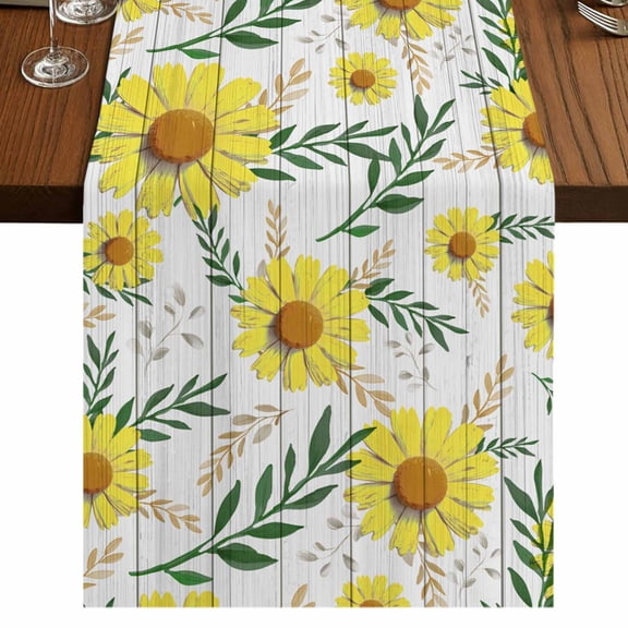 Table Runners 72 Inches Long Dress Scarves, Yellow Daisy Farmhouse Kitchen/Dining Table Runner, Coffee Tablerunners, Farmhouse Country Flower Leaf Plant Wood Grain 13x72 Inch