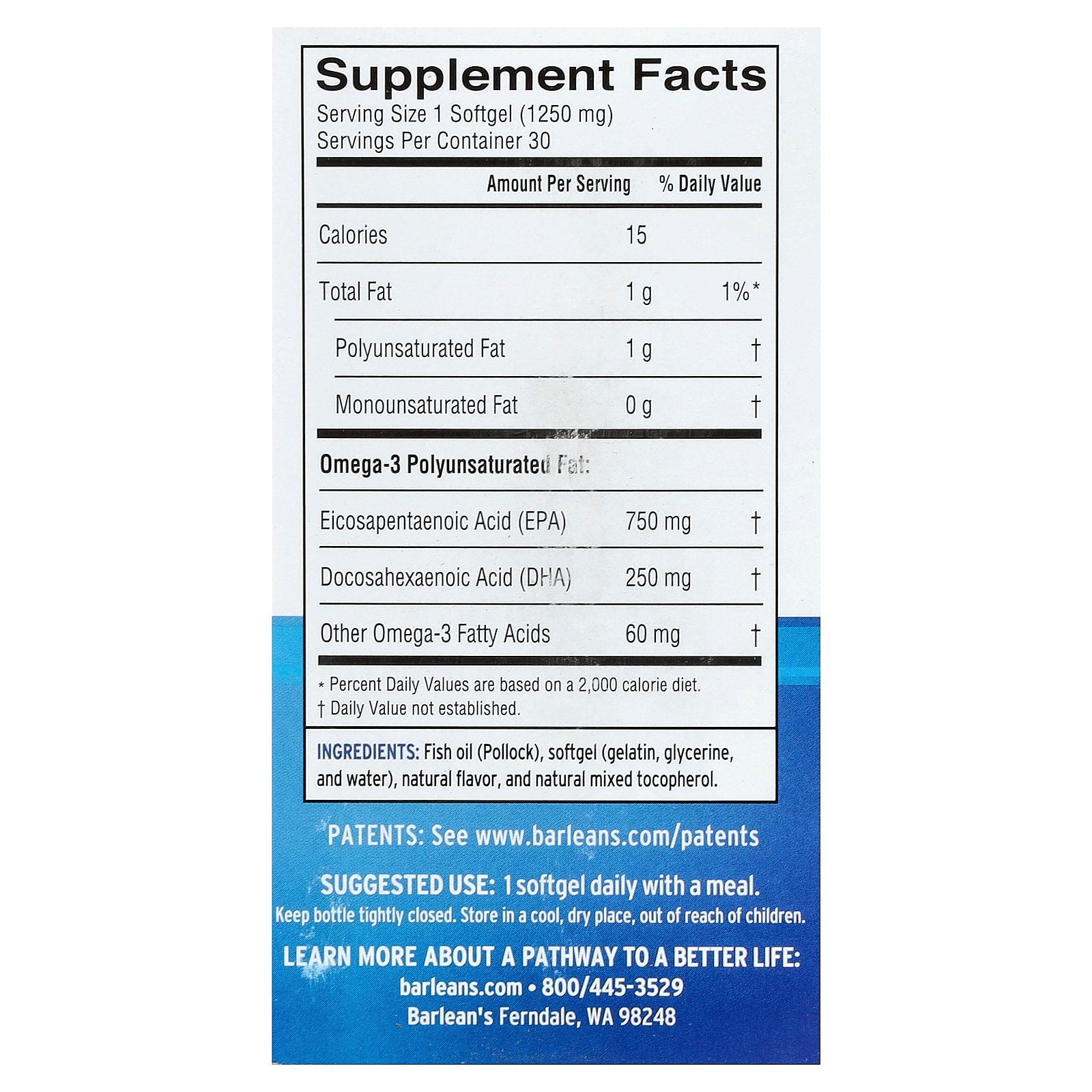 Barlean's Ideal Omega 3, Orange, 30 Softgels