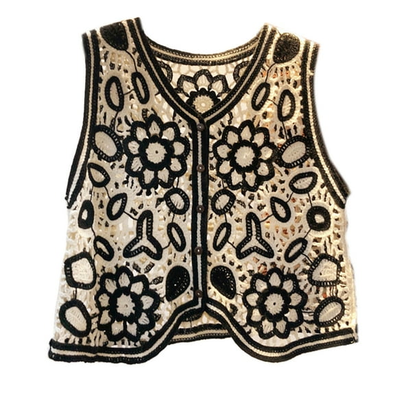 Boho Women Crochet Knit Vest Waistcoat Floral Pattern Sleeveless V-Neck Cardigan