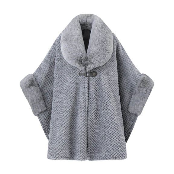 UTSJKR Women Waffle Textured Faux Fur Collar Cape Coat Buckle Closure Loose Poncho Jacket for Winter Cold Weather Gray