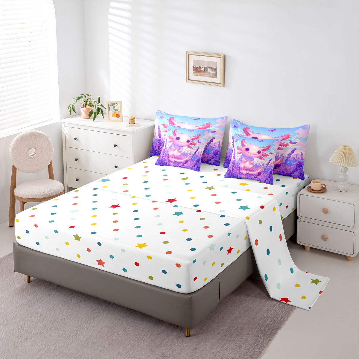 Homewish Cute Cartoon Axolotl 7 Pieces Bedding Comforter Set,Flower Butterflies Pattern Full Bedding Set,Purple Floral Pink Salamander Fitted Sheet Flat Sheet For Girl,Luxury Bedroom Decor Reversible