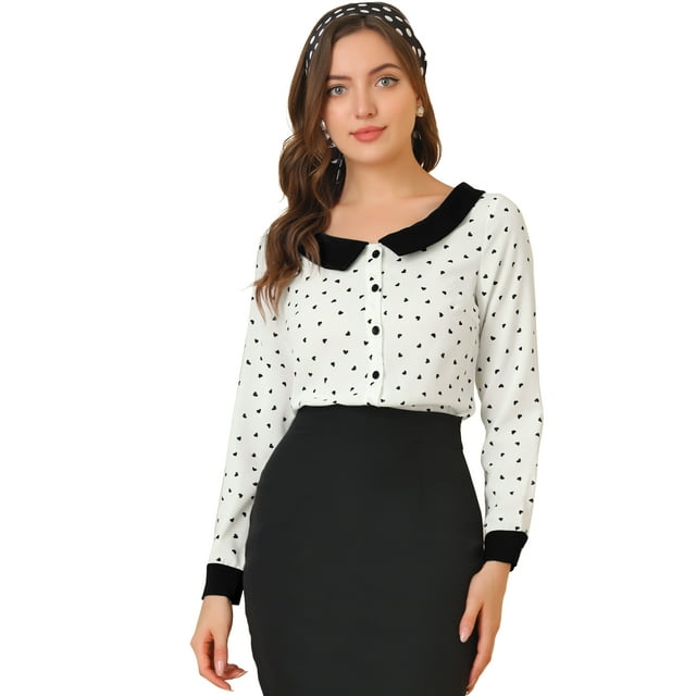 INSPIRE CHIC Women's Heart Print Contrast Collar Button Front Long Sleeve Shirt