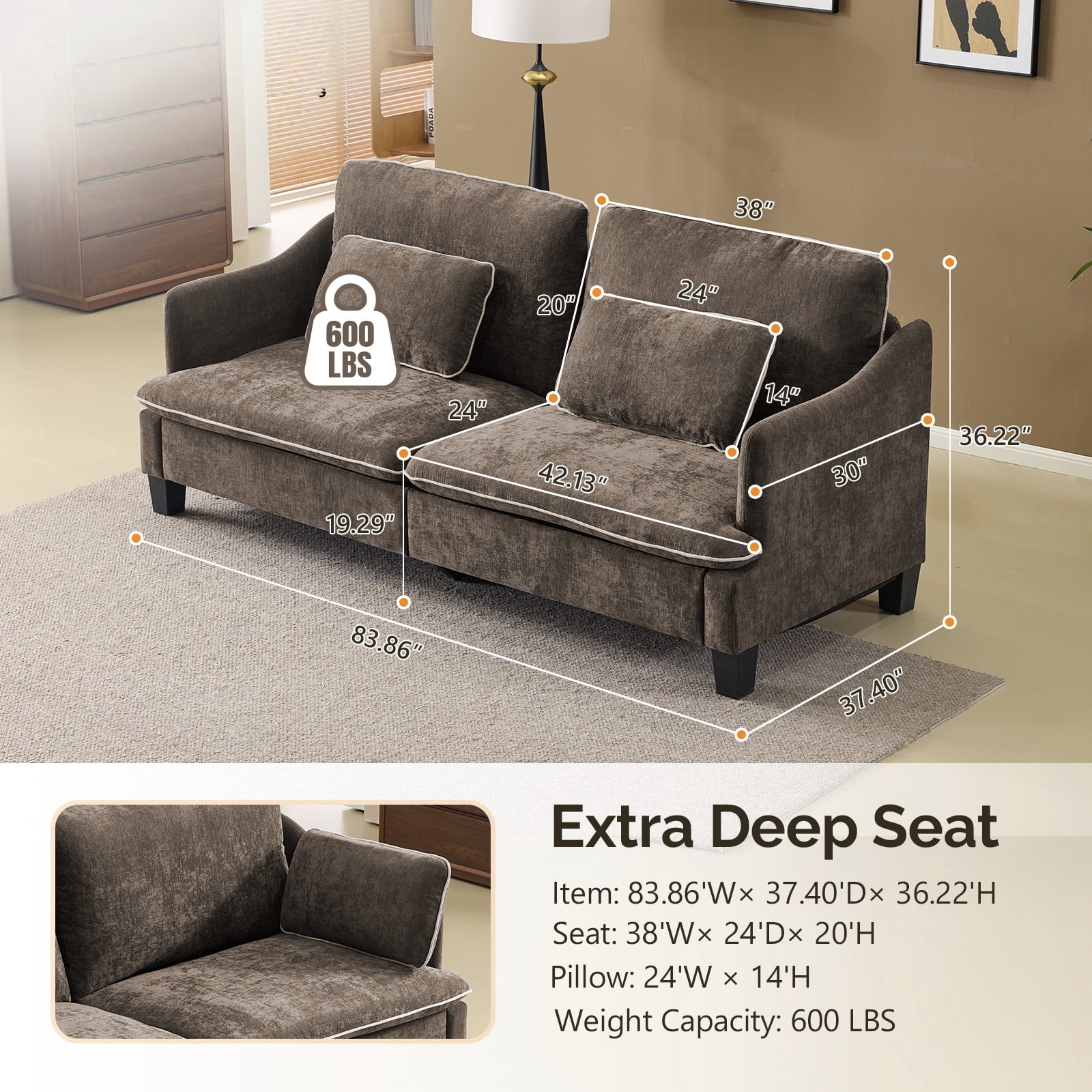 Ktaxon 84" Sofa, Linen Fabric Deep Seat Couch with Lumbar Pillows, Oversized Loveseat for Small Spaces, Living Room Brown