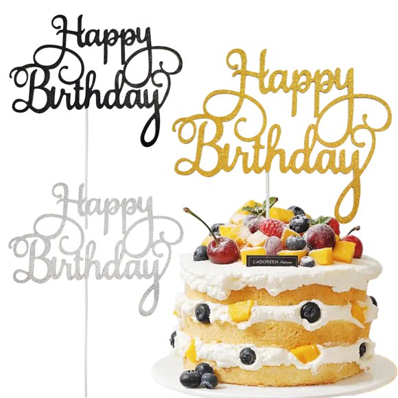Adorno para tartas STATWTHMA Happy Birthday, dorado, negro y plateado, x3