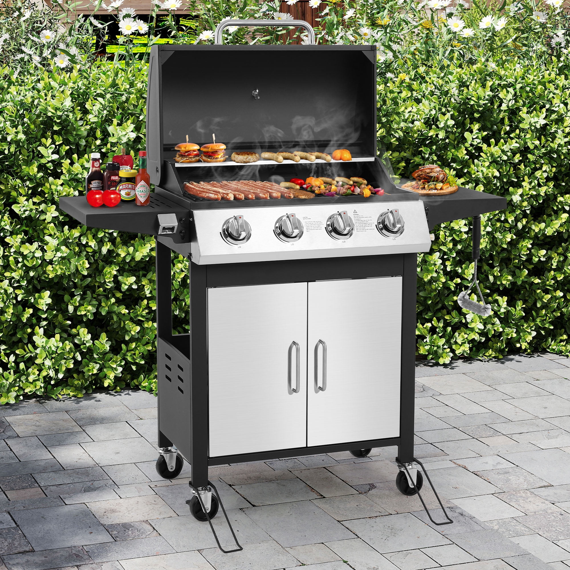 4-Burner Gas Grill with 4 Universal Wheels & Bottle Opener, 40000BTU Outdoor Grill with Side Table for Camping, Black & Sliver