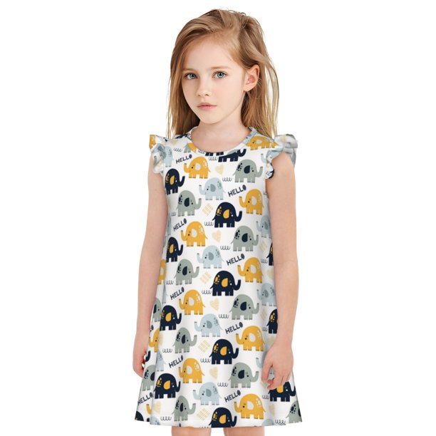 Fotbe Cute Elephant Vestido de Dormir para Niñas de 3 a 10 Años, Mangas Cortas, Estilo Princesa, Pijama Camisón con Mangas Voladas-XX-Large