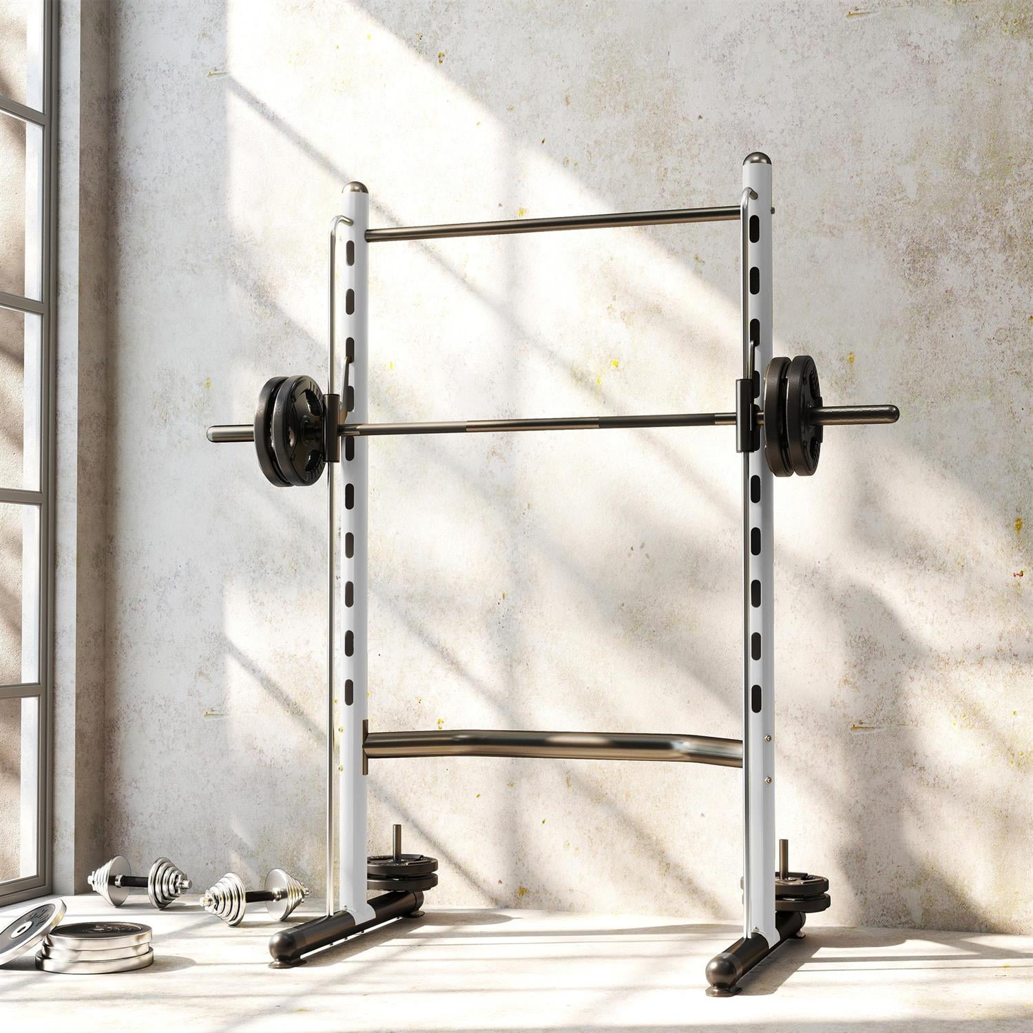 Demifill Multi-Function Weight Lifting Half Rack - White, Squat Rack with Pull-Up Bar & Barbell, Adjustable Bench Press Compatible