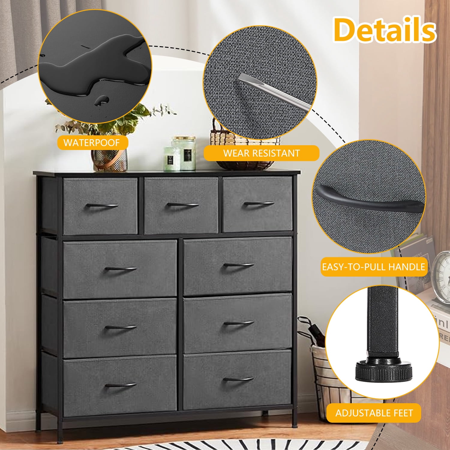 9-Drawer Fabric Dresser with Wood Top - Compact Storage Organizer for Bedroom, Closet, Grey