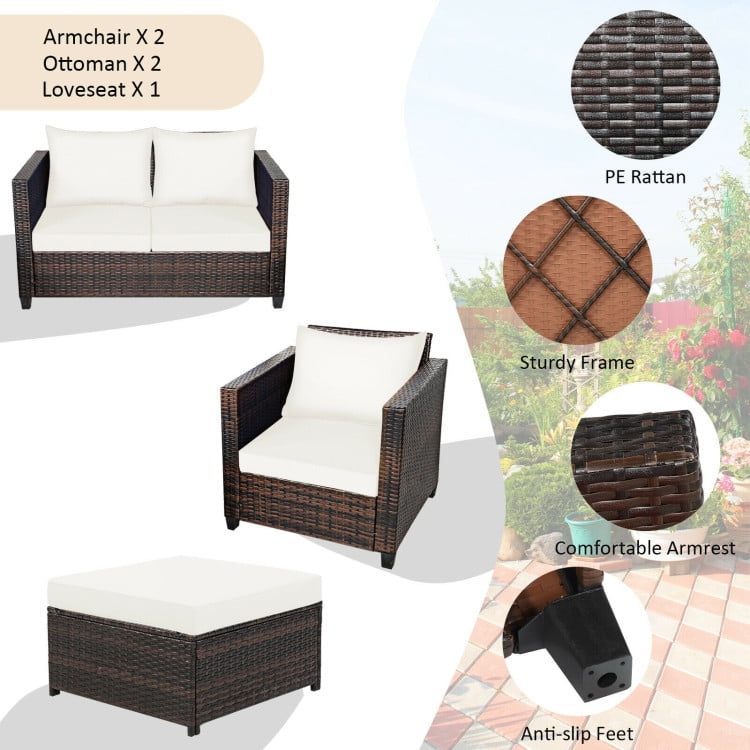 Aimee Lii 5 Pieces Patio Cushioned Rattan Furniture Set, Rattan Outdoor Furniture, White Aimee Lii 5 Pieces Patio Cushioned Rattan Furniture Set, Rattan Outdoor Furniture, White