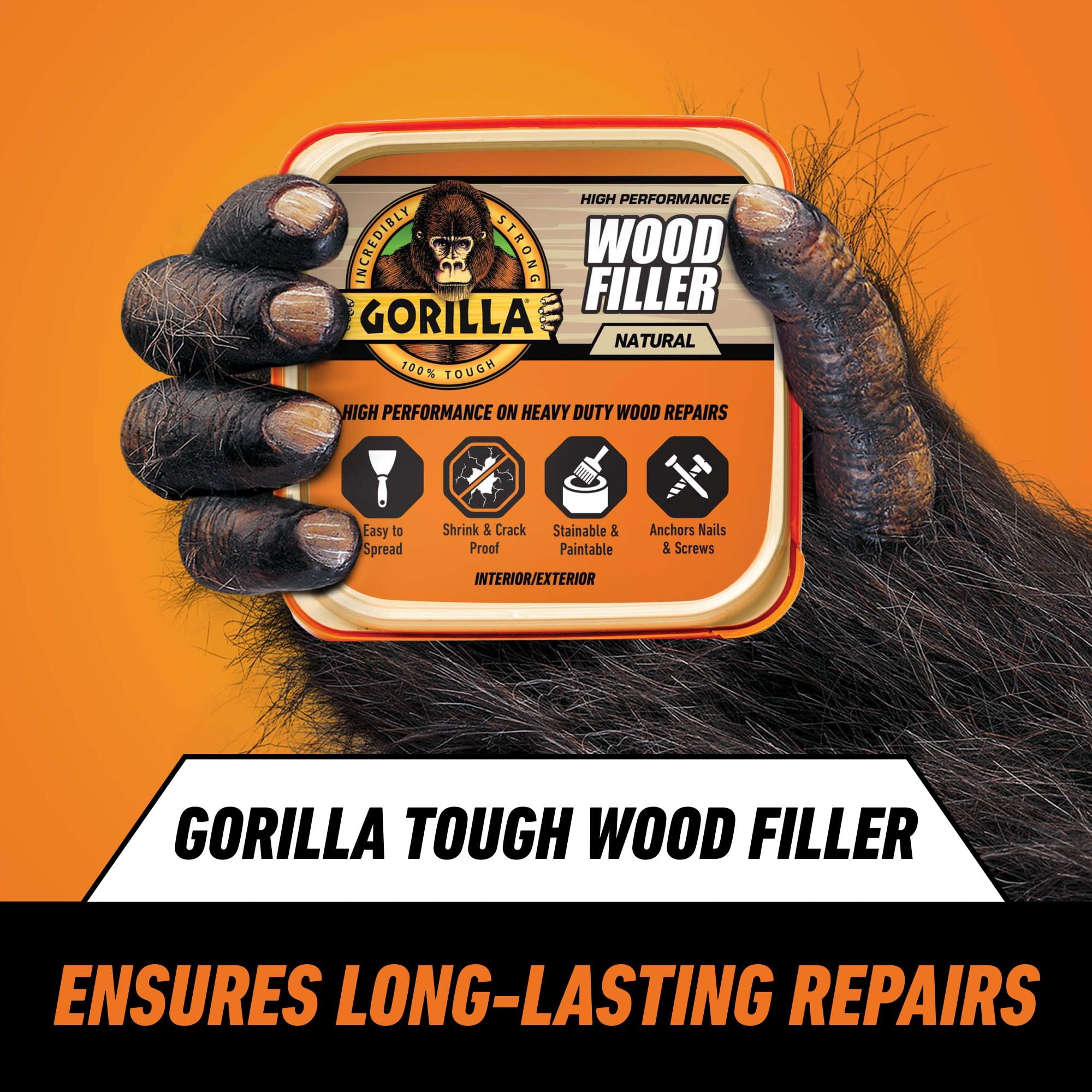 (6 pack) Gorilla All Purpose Wood Filler, Natural Finish, 16 Ounce Tub - Water Resistant for Indoor or Outdoor Projects and Repairs