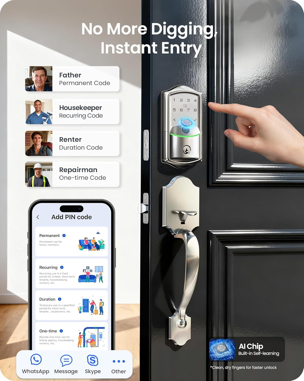 Veise Wifi Fingerprint Smart Deadbolt Lock with Handle Set, Keyless Entry Front Door, Auto-Lock, Satin Nickel