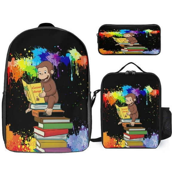 Curi-ous Geor-ge Backpack for 3 Piece Backpack Set with Lunch Box & Pencil Case for Unisex
